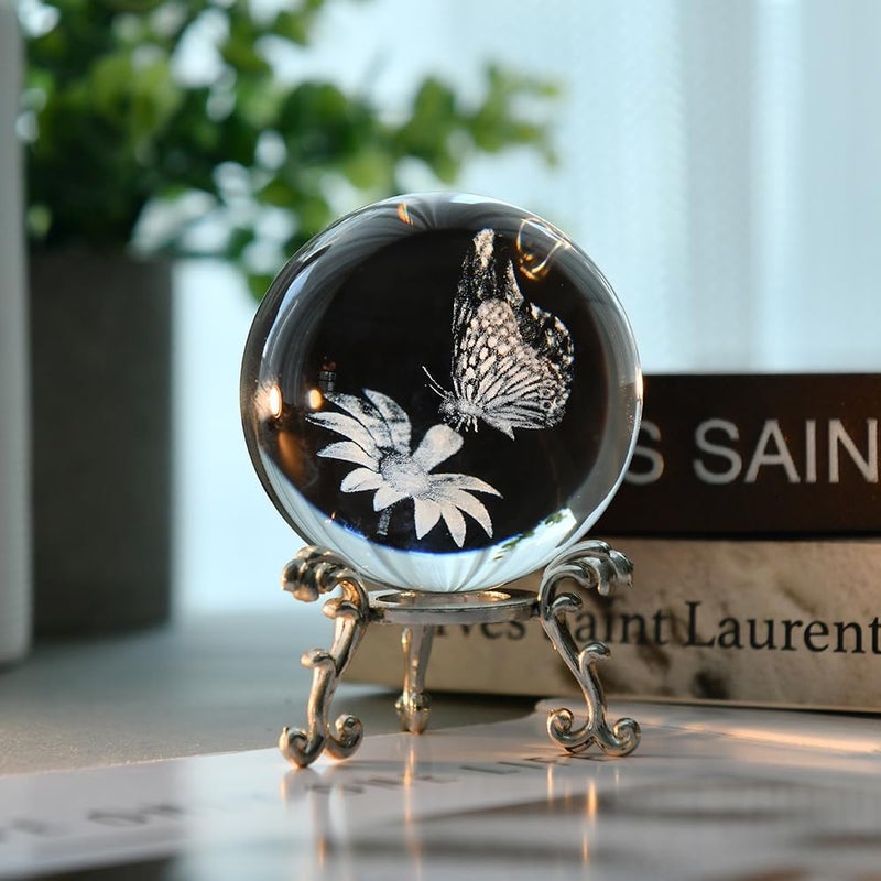ZRENJHUS 3D Butterfly Crystal Ball Butterfly on Sunflower in Glass Ball 60mm Decorative Glass Ball with Stand Gifts for Women Girlfriend Wife Mom Couple Her - Image 4